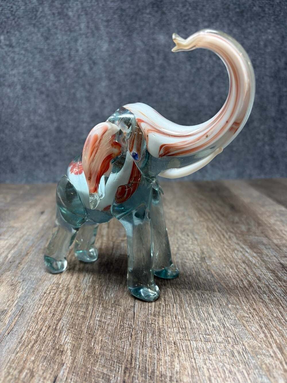 Hand Blown Art Glass Elephant Figurine Orange & White Multicolor Murano style 7”